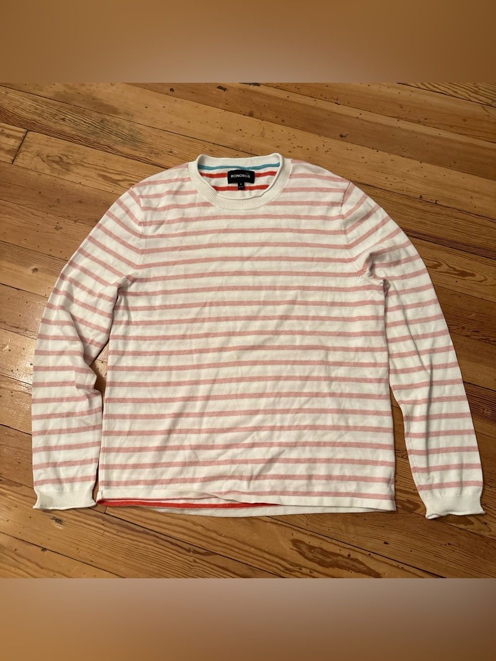 Bonobos Midweight Stripe Stitch Crew Neck Sweater White Pink Medium
